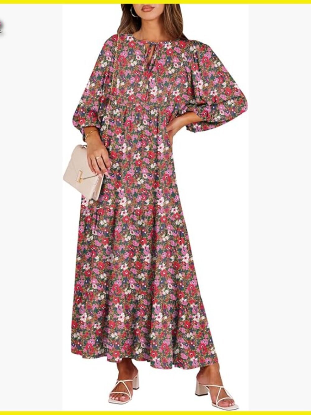Boho Maxi Dress Floral Puff Sleeve V Neck Swing Casual Elegant Summer